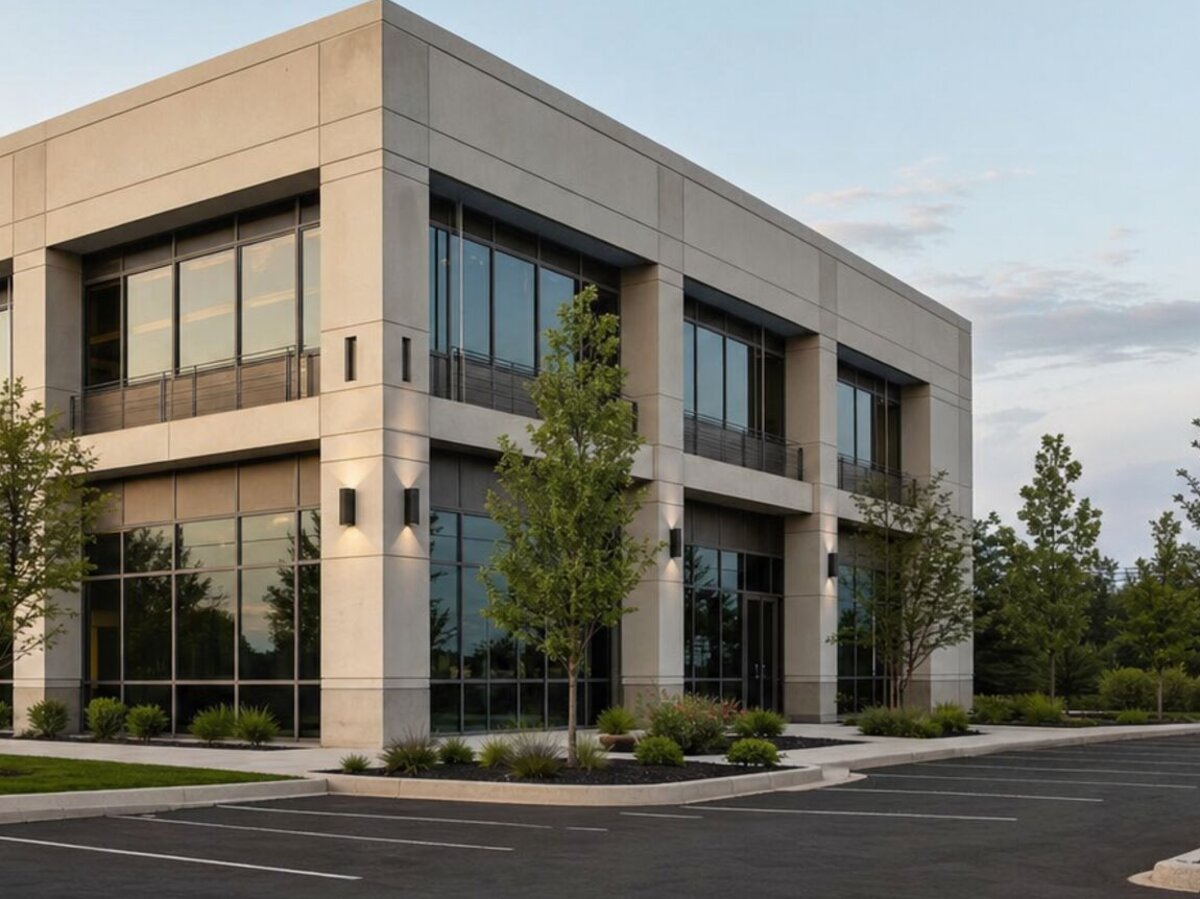 Corner entry of a two-story medical and professional office building at dusk with lit soffits and glass curtain wall