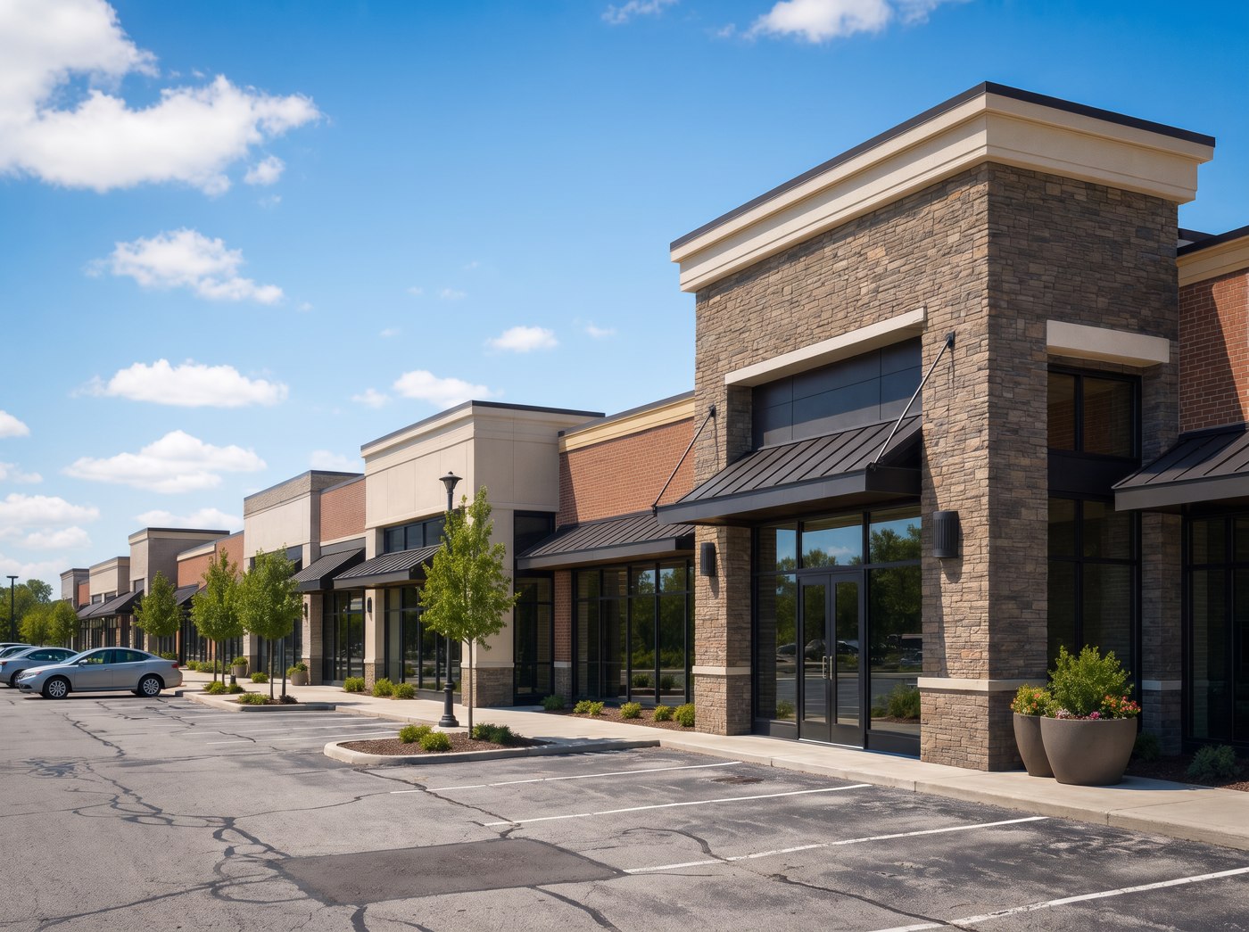 Bright commercial retail plaza with brick and stone storefronts under a blue sky