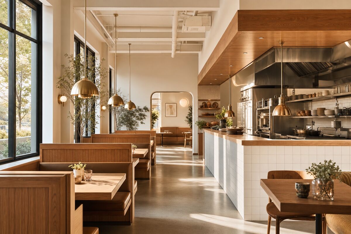 Bright daytime restaurant interior with wood booths, white tile counter and morning sunlight