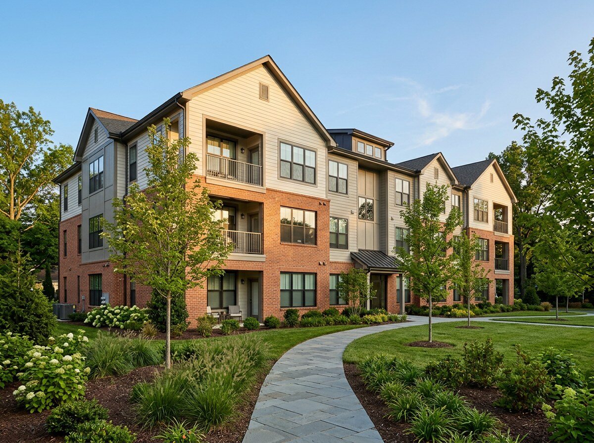 Newly built three-story residential buildings with brick and siding facades, landscaped walkways and young trees