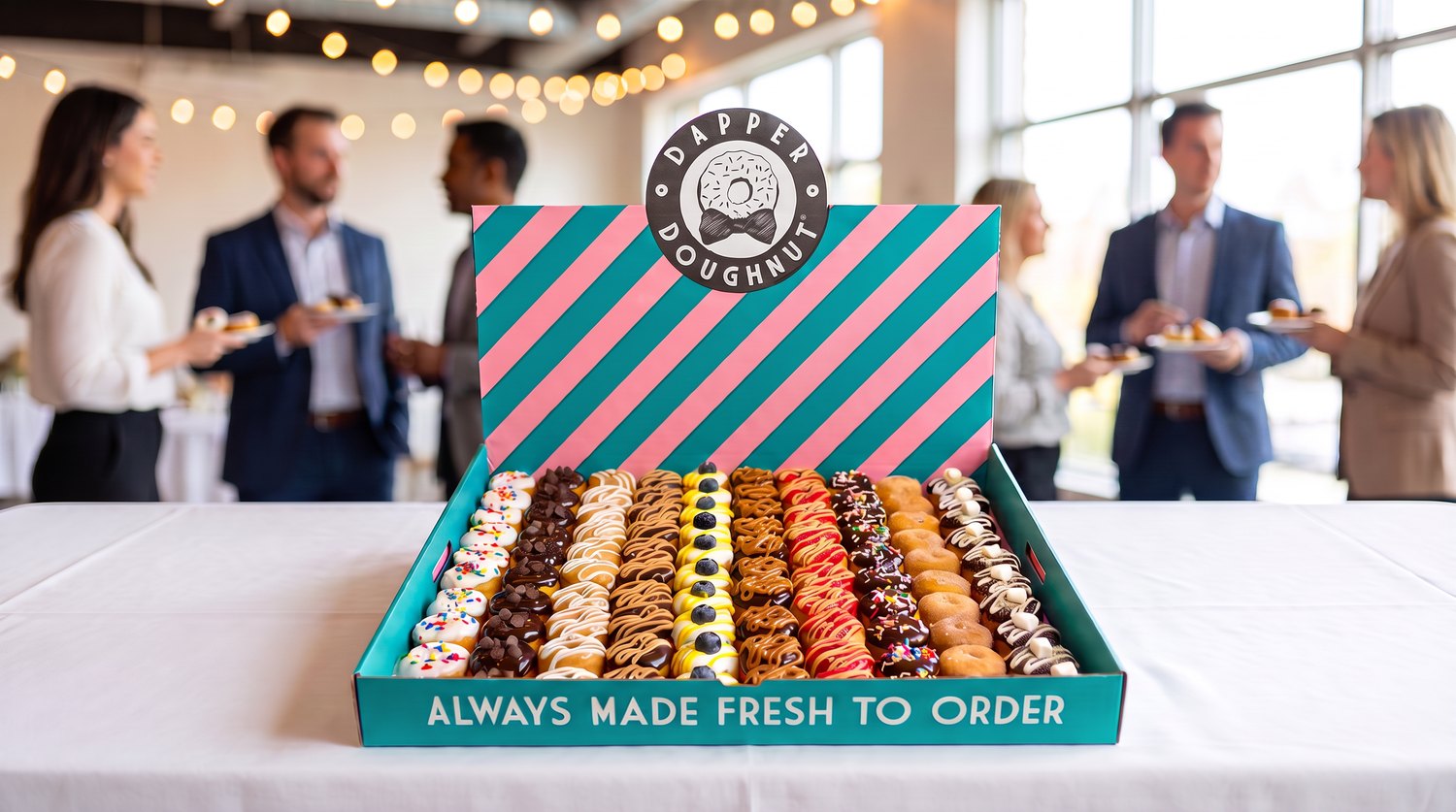 A 100-count Dapper Doughnut catering display box on a white table at an event, guests with dessert plates mingling in the background