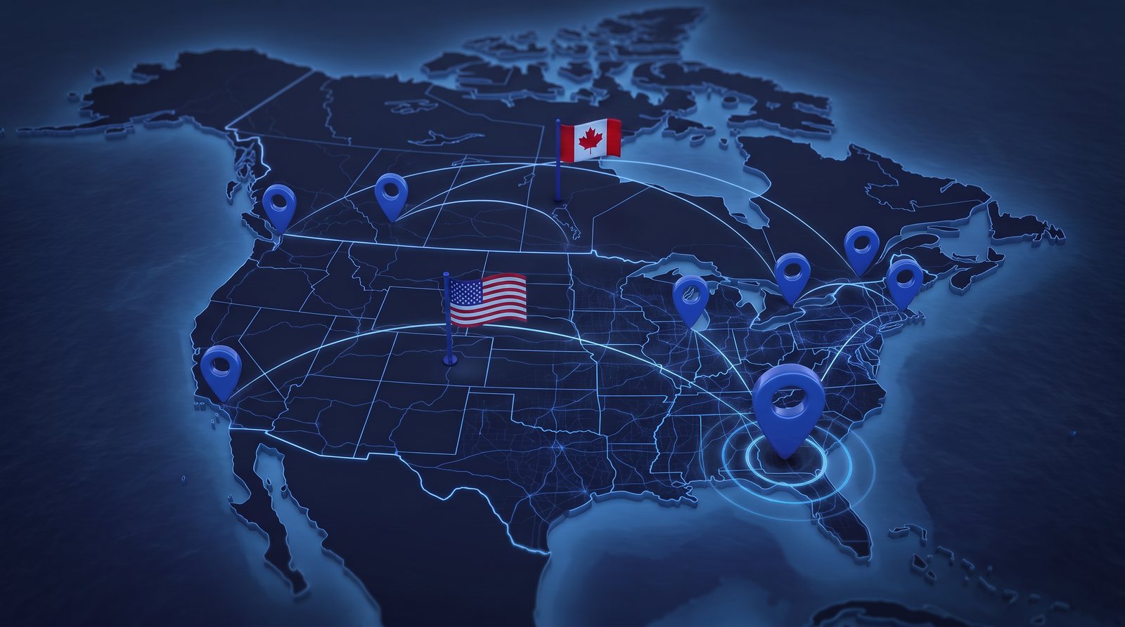 Stylized navy map of the United States and Canada with glowing location pins in both countries, connected by lit arcs, a United States flag and a Canadian flag planted on the map, and a large hero pin pulsing over the Southeast